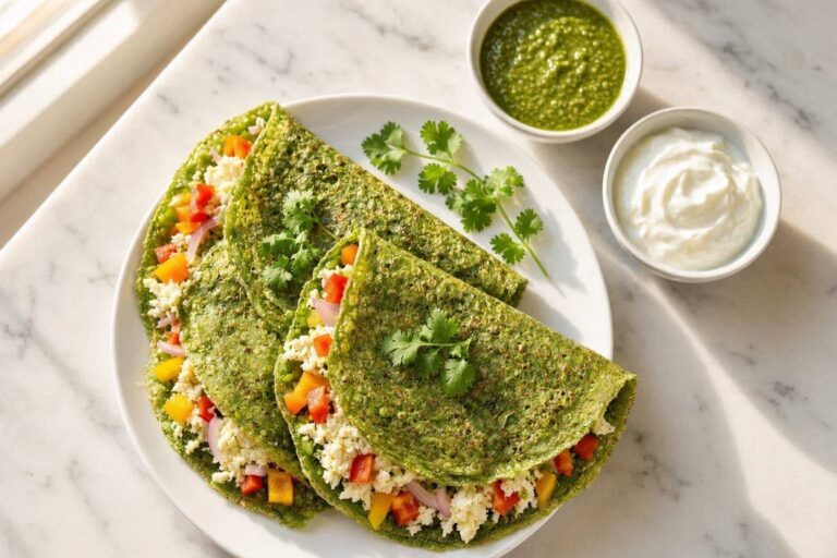 Crispy Green Moong Dal Crepe with Paneer Stuffing — Easy High-Protein Breakfast in 30 Minutes